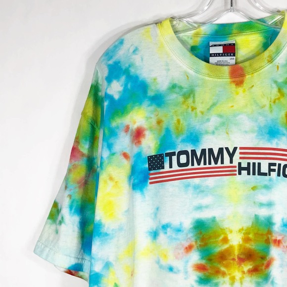Tommy Hilfiger Large Tee Shirt Sunny Side Tie Dye Handmade Yellow Blue 232 - Picture 9 of 9